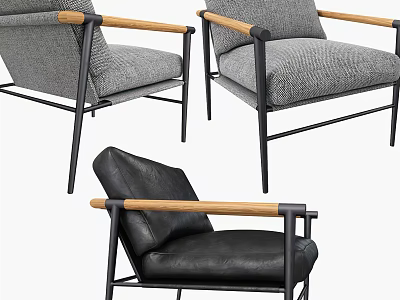 Modern Accent Chairs In Gray Fabric Black Leather With Wooden Armrests And Metal Frames 3d model