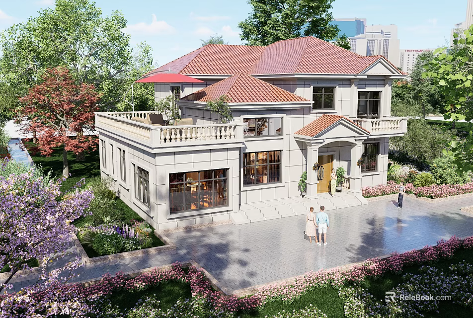 Elegant Detached Villa With Red Roof Balcony Stone Exterior And Landscaped Garden 3d model 