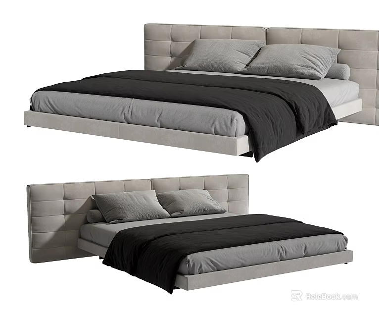Modern Minimalist Double Bed With Upholstered Headboard Gray Black Comfortable Design 3d model