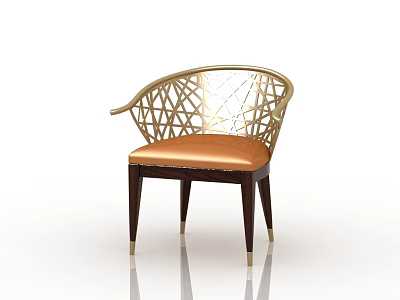 Stylish Leisure Chair with Woven Gold Frame Orange Padded Seat and Dark Wooden Legs 3d model