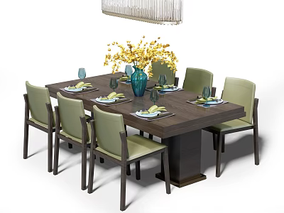 Dark Wood Dining Table Set With Light Green Chairs Blue Vase Yellow Flowers Tableware 3d model