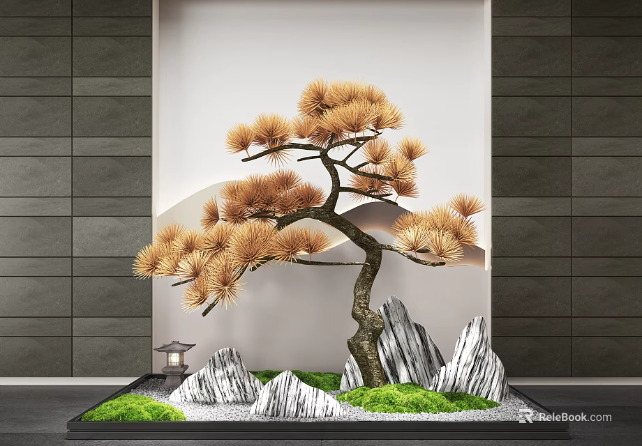 Indoor Landscape Design With Decorative Pine Tree Rock Formations Green Grass And Gray Wall 3d model
