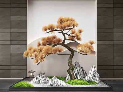 Indoor Landscape Design With Decorative Pine Tree Rock Formations Green Grass And Gray Wall 3d model