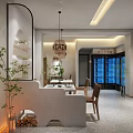 Modern Mall Restaurant Interior With Wooden Tables Rattan Chairs Pendant Lights And Green Plants
