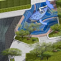 Colorful Children's Playground With Blue Slide Green Grass And Surrounding Trees