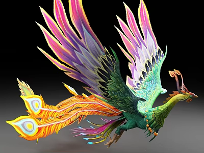 Mythical Phoenix with Colorful Spread Wings Vibrant Tail Feathers and Eye Shaped Patterns 3d model