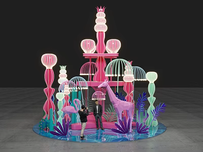 Colorful Decorative Installation Featuring Pink Purple Giraffe Flamingo Lights And Plants 3d model