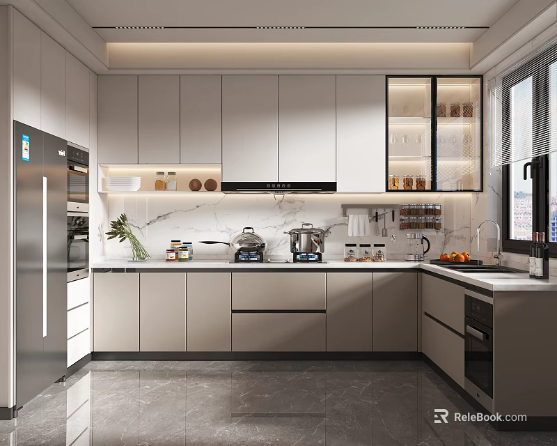 Bright Modern Kitchen Interior With White Cabinets Marble Island Stainless Steel Appliances And Countertops 3d model 