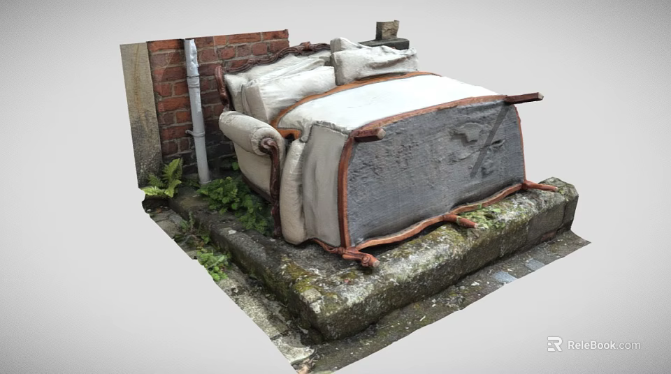 Worn Old Sofa Placed Against Brick Wall On Stone Base With Green Plants Growing Around 3d model 