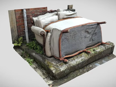 Worn Old Sofa Placed Against Brick Wall On Stone Base With Green Plants Growing Around 3d model