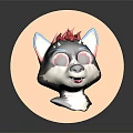 Cartoon Dog Head Character With Blue Ears Red Top Decoration And Smiling Expression On Yellow Circular Background
