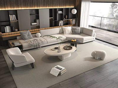 Modern Living Room Sectional Sofa And Coffee Table With White Armchair Bookshelves And Area Rug 3d model