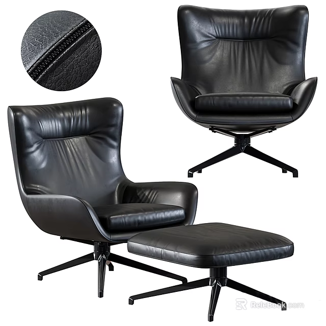 Modern Black Leather Armchair With Stitched Details Swivel Base And Ottoman 3d model 