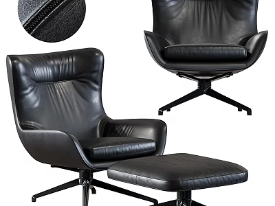 Modern Black Leather Armchair With Stitched Details Swivel Base And Ottoman 3d model