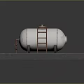 Cylindrical Metal Storage Tank With Red Ladder And Concrete Foundation Base