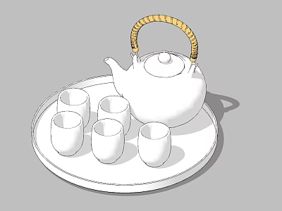White Teapot with Woven Handle and Five Teacups on Ceramic Tray 3d model