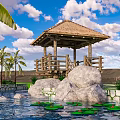 Tranquil Outdoor Landscape With Thatched Pavilion Wooden Deck Large Rocks Pond Lily Pads Palm Trees