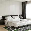 Modern Bedroom Background Double Bed with White Bedding Black Nightstand and Window Curtains 3d model