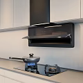 Modern Kitchen Interior Featuring Black Range Hood Cooktop And White Cabinets Appliances