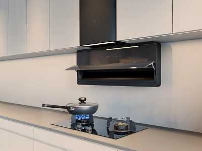 Modern Kitchen Interior Featuring Black Range Hood Cooktop And White Cabinets Appliances 3d model