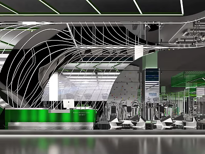 Modern Fitness Gym Interior Featuring Workout Equipment Green Reception And Stylish Lighting Design 3d model