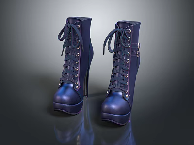 Navy Blue Lace Up High Heel Boots With Chunky Sole And Metallic Buckles 3d model