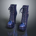 Navy Blue Lace Up High Heel Boots With Chunky Sole And Metallic Buckles