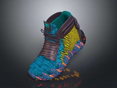 Stylish Sports Shoes With Blue Knit Upper Green Tongue Brown Straps And Yellow Woven Details 3d model