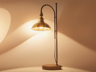 Gold Lampshade Floor Lamp With Metal Stand Wooden Base Lit Light Colored Wall Shadow Effect 3d model