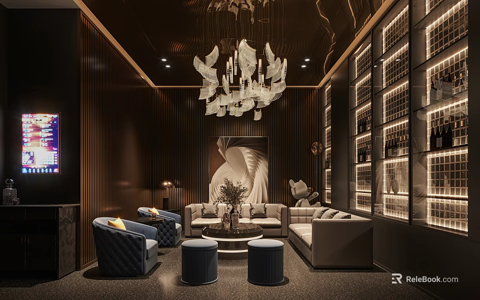 Modern Luxurious Home Theater Interior With Dark Wooden Walls Chandelier TV Screen And Sofa Set 3d model 