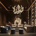 Modern Luxurious Home Theater Interior With Dark Wooden Walls Chandelier TV Screen And Sofa Set