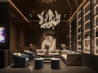 Modern Luxurious Home Theater Interior With Dark Wooden Walls Chandelier TV Screen And Sofa Set 3d model