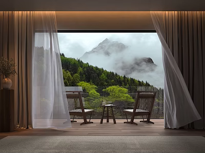 Open Sheer White Curtain in Room with Wooden Chairs and Foggy Mountain Forest View 3d model