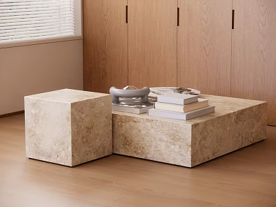 Modern Beige Stone Coffee Table With Block Design Stacked Books And Wooden Cabinets 3d model