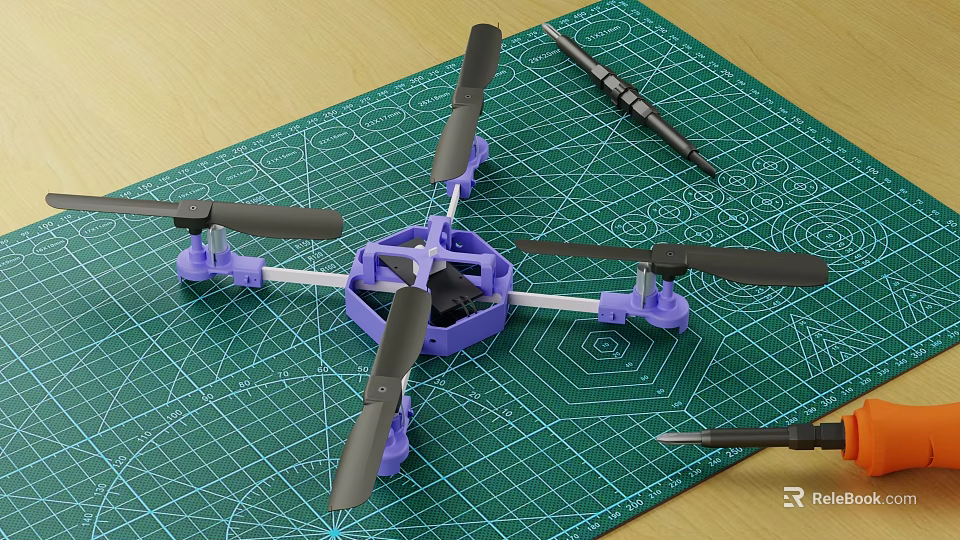 Purple Electric Toy Drone with Black Propellers Displayed on Green Cutting Mat 3d model 