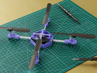 Purple Electric Toy Drone with Black Propellers Displayed on Green Cutting Mat 3d model