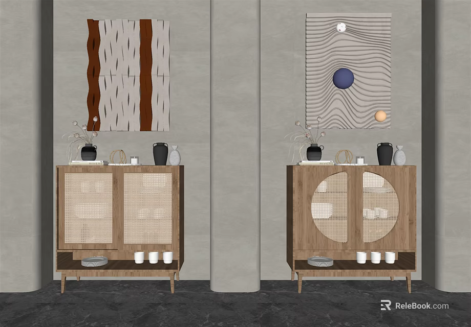 Modern Wooden Entryway Cabinet And Sideboard With Glass Doors Decorative Vases And Wall Art 3d model 