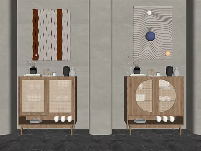 Modern Wooden Entryway Cabinet And Sideboard With Glass Doors Decorative Vases And Wall Art 3d model