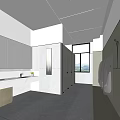 Modern Public Restroom Design With Stalls Sinks Mirrors And Bright Window View 3d model