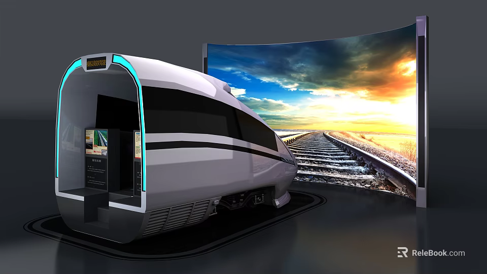 Modern High Speed Train Model With Large Screen Displaying Railway Track And Sunset Scenery 3d model