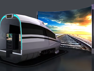 Modern High Speed Train Model With Large Screen Displaying Railway Track And Sunset Scenery 3d model