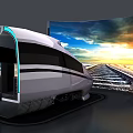 Modern High Speed Train Model With Large Screen Displaying Railway Track And Sunset Scenery 3d model