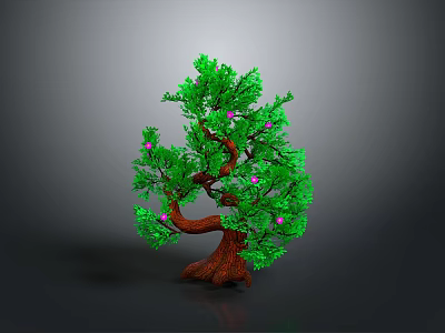 Ornamental Green Tree With Lush Green Leaves Brown Trunk And Pink Small Flowers 3d model