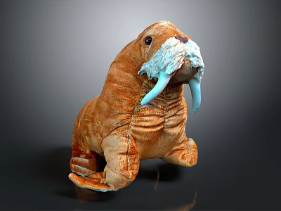 Plush Walrus Stuffed Toy with Brown Fur White Whiskers and Blue Tusks 3d model
