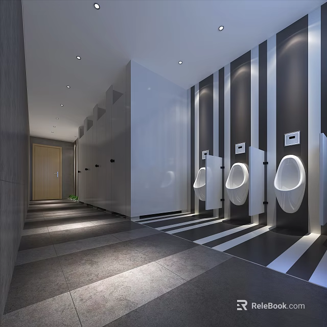 Modern Public Restroom Interior Design With Urinal Stalls And Striped Floor Lighting 3d model 