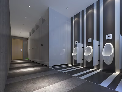Modern Public Restroom Interior Design With Urinal Stalls And Striped Floor Lighting 3d model