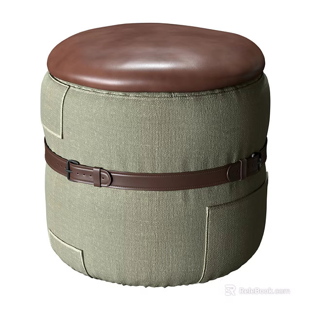Comfortable Round Ottoman With Light Green Fabric Brown Leather Cushion And Belt Detail 3d model 