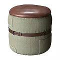 Comfortable Round Ottoman With Light Green Fabric Brown Leather Cushion And Belt Detail