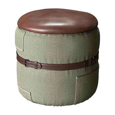 Comfortable Round Ottoman With Light Green Fabric Brown Leather Cushion And Belt Detail 3d model