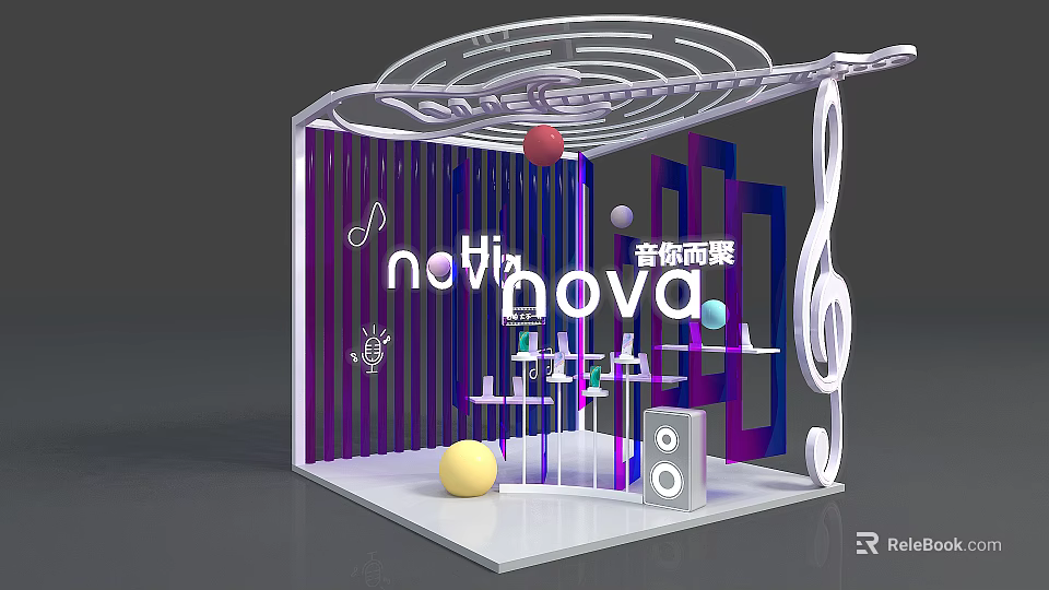 NotiNOVA Display Booth With Musical Notes Purple Blue Striped Background Circular Decorative Balls And Speakers 3d model 